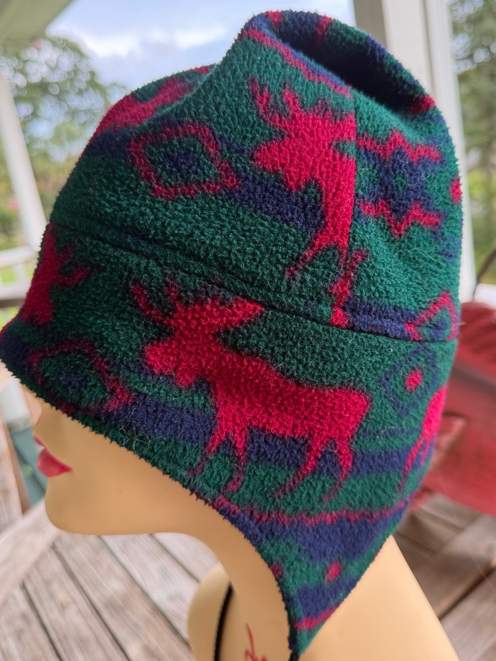 VTG 90s Fleece Bucket Hat Colorful Moose Pattern Retro Ski Gorpcore Unisex